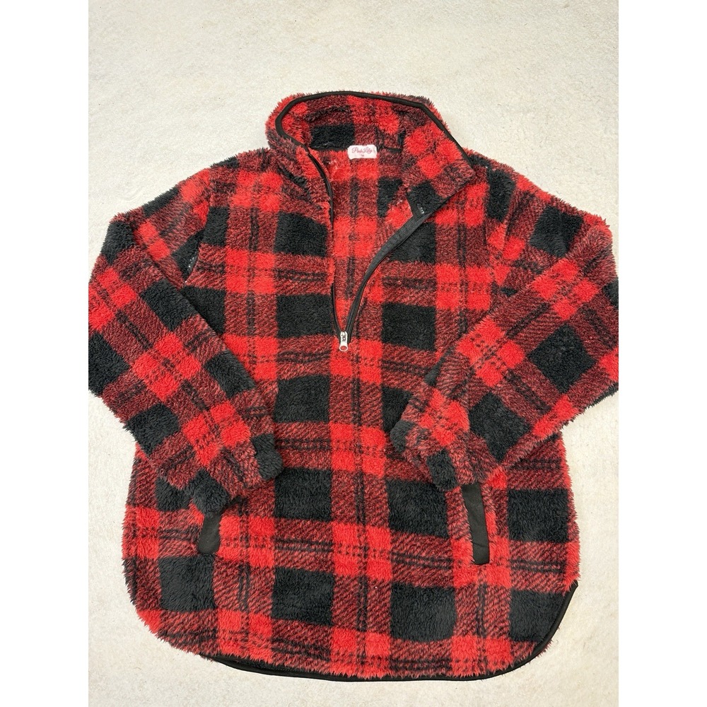 NWOT Pink Lily Women's Red Black Plaid Quarter Zip Faux Fur Sherpa Fleece Size M